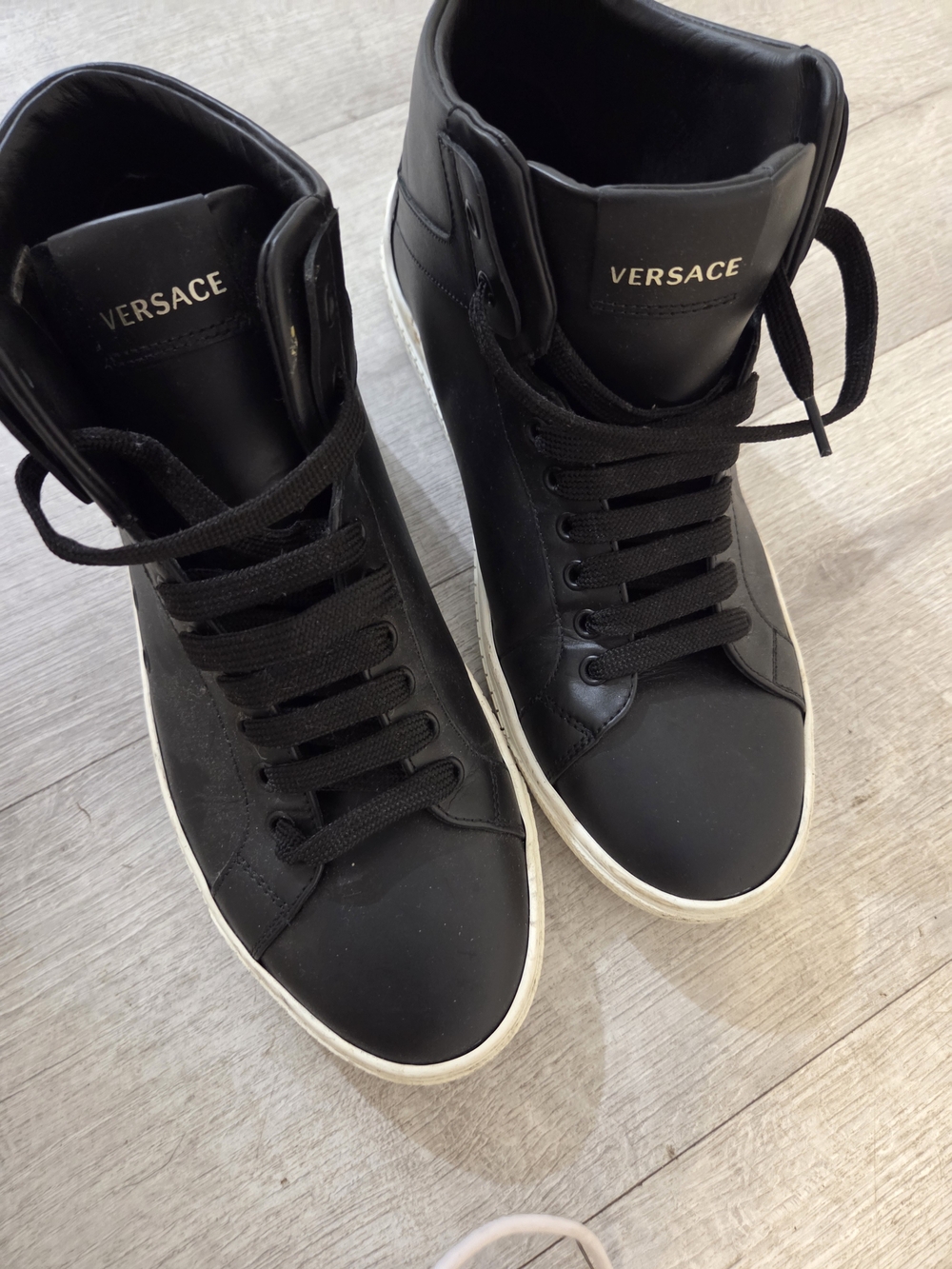 Versace Black High-Top Leather Sneakers with White Sole